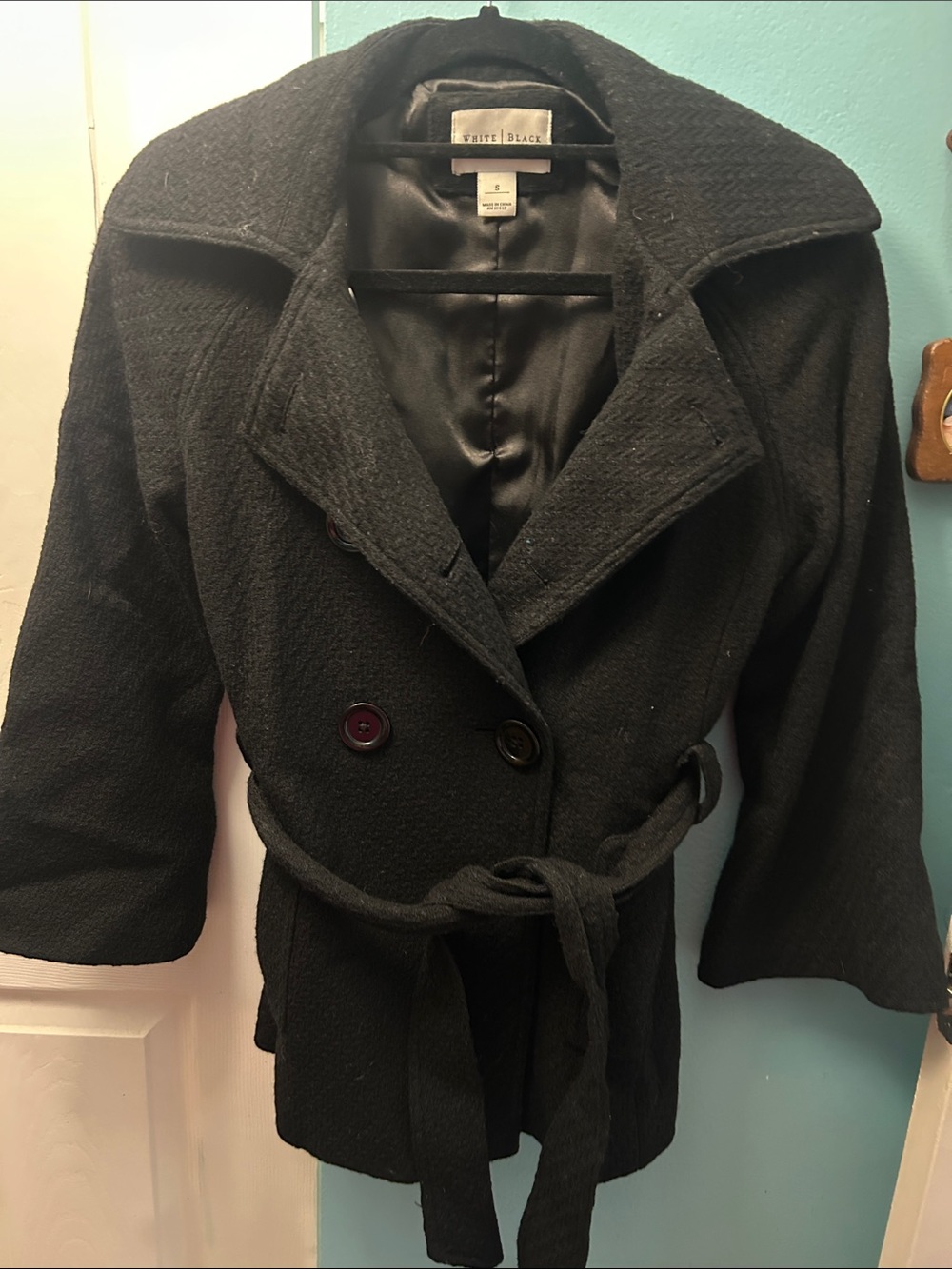 White House Black Market Black Double-Breasted Belted Peacoat